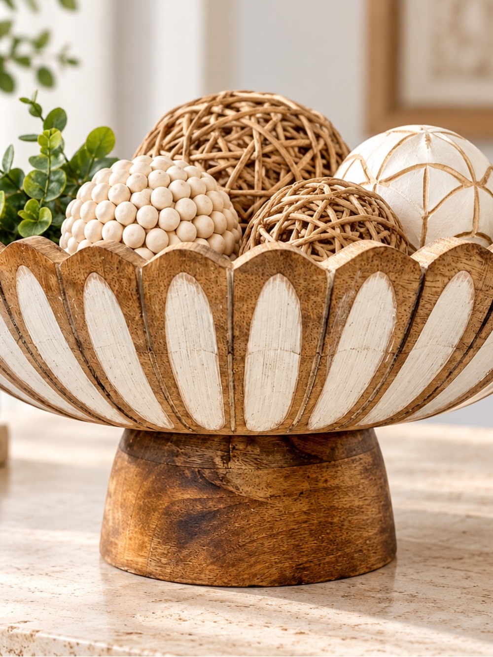 Carved Wood Pedestal Bowl Scalloped White Petal Boho Centerpiece India 12โ